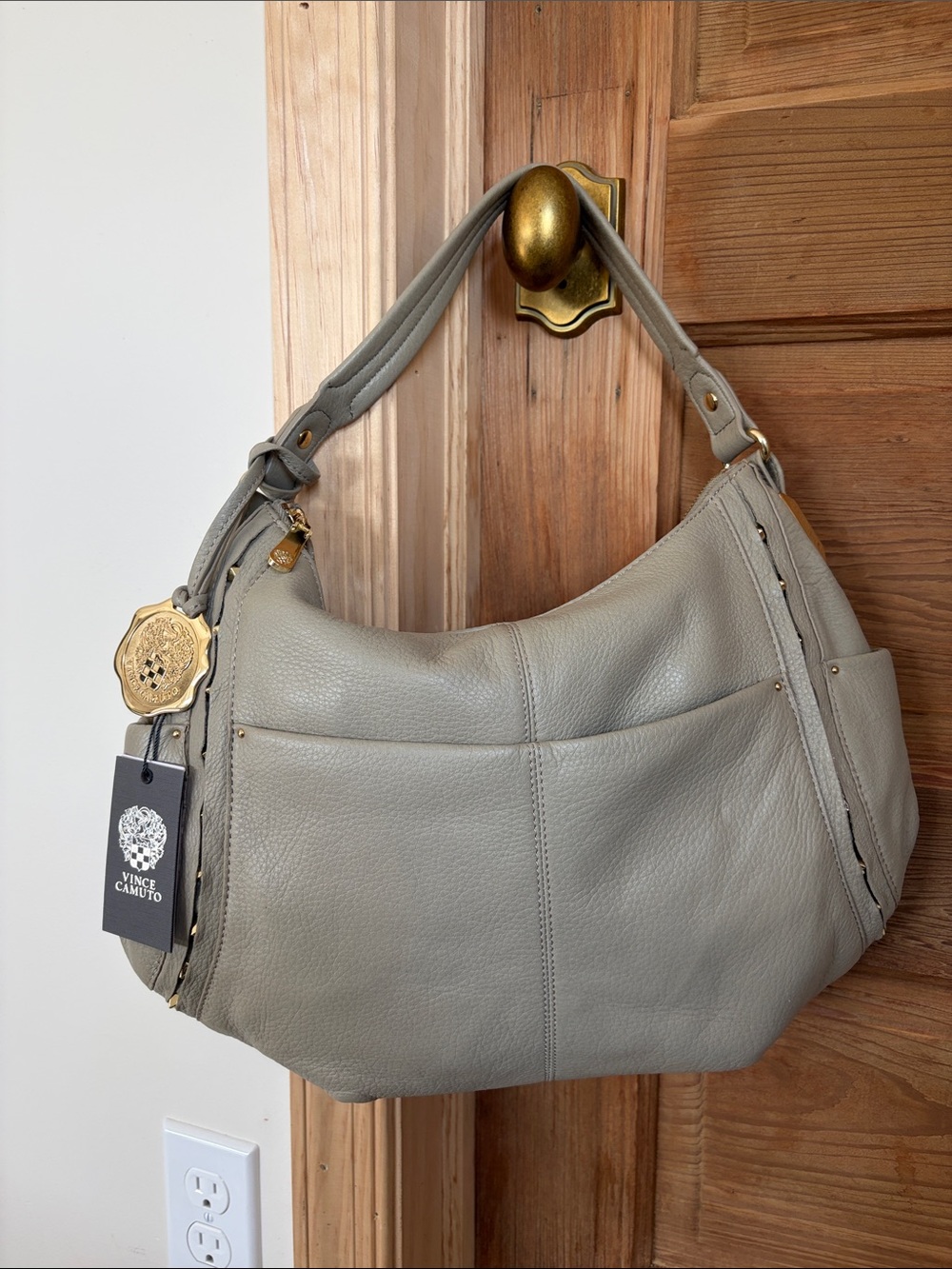 Vince Camuto Pebbled Leather Shoulder Bag in Light Gray | NWT